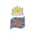 Hand drawn patch badges with United Kingdom symbol - crown and flag. Sticker, pin and patch in cartoon 80s-90s comic