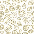 A hand-drawn pattern of bakery elements bretzel croissant bread donut baguette Vector in the style of a doodle sketch