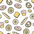 A hand-drawn pattern of bakery elements bretzel croissant bread donut baguette Vector in the style of a doodle sketch. For cafe