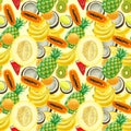 Hand drawn pattern with bananas, coconuts, pineapples. Seamless summer background.