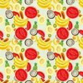 Hand drawn pattern with bananas, coconuts, pineapples. Seamless summer background.