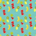 Hand drawn pattern with bananas, coconuts, pineapples. Seamless summer background.