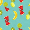 Hand drawn pattern with bananas, coconuts, pineapples. Seamless summer background.