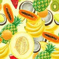 Hand drawn pattern with bananas, coconuts, pineapples. Seamless summer background.