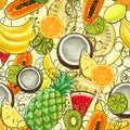 Hand drawn pattern with bananas, coconuts, pineapples. Seamless summer background.