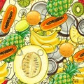 Hand drawn pattern with bananas, coconuts, pineapples. Seamless summer background.