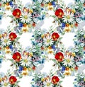 Hand-drawn pattern with chamomiles, poppies, bells, buttercups isolated on a white background