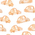 Hand drawn pattern in childish style drawn with markers. Small cartoon car. Seamless hand painted pattern for prints, bed cloth,