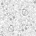 Hand-drawn pattern with children`s toys and accessories. Black and white seamless pattern. Vector illustration. Royalty Free Stock Photo