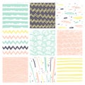 Hand drawn pattern collection 9 Simple textures for backround, fabric, scrupbook, baby shower Royalty Free Stock Photo