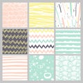 Hand drawn pattern collection 9 Simple textures for backround, fabric, scrupbook, baby shower Royalty Free Stock Photo