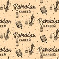 Hand drawn pattern with congradulations for muslim people of holy month, greeting Ramadan Kareem means generous seamless