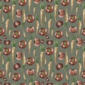 Hand drawn pattern, legumes, carrots and tomatoes on a light green background, seamless pattern, summer