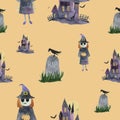 Set of hand-drawn elements painted in watercolor. Cute illustrations for Halloween. Royalty Free Stock Photo