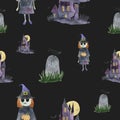 Set of hand-drawn elements painted in watercolor. Cute illustrations for Halloween. Royalty Free Stock Photo