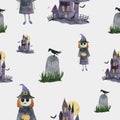 Set of hand-drawn elements painted in watercolor. Cute illustrations for Halloween. Royalty Free Stock Photo