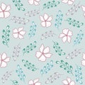 Hand drawn pattern with purple flowers and doodle green,blue and purple branches on a blue background Royalty Free Stock Photo