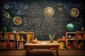 Desk and books in front of blackboard filled with drawings, back to school. Generative ai Royalty Free Stock Photo