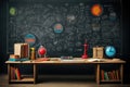 Table and objects in front of blackboard filled with drawings, back to school. Generative ai Royalty Free Stock Photo