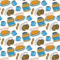 Hand drawn peanut butter seamless pattern. Vector background with breakfast, tea, nuts, stroopwafel and pancakes. For wrapping and Royalty Free Stock Photo