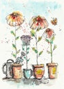 A hand drawn pen and ink watercolor illustration painting of whimsical flowers