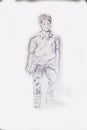 Pencil Drawing Of A Young Student Boy Standing Next To A Wall