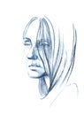 Hand drawn pencil sketch with face of a girl. Female portrait. Royalty Free Stock Photo