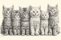 A hand-drawn pencil sketch of a group of kittens gathered together, showcasing their playful and adorable nature