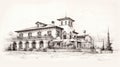 Hand-drawn Pencil Sketch Of A Mediterranean Villa In Wine Country Italy