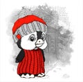 Hand-drawn penguin in warm winter clothes. Funny penguin in a hat in the yard. Congratulatory postcard Merry Christmas and Happy N Royalty Free Stock Photo