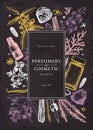 Hand drawn perfumery and cosmetics ingredients design on chalk board. Decorative background with vintage aromatic plants, fruits,
