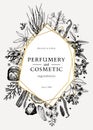 Hand drawn perfumery and cosmetics ingredients design. Decorative frame with vintage aromatic plants, fruits, spices, herbs for