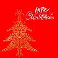 Hand drawn phrase Merry Christmas on red background. Modern dry brush lettering design with golden spruce ornament