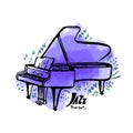 Hand drawn piano. Jazz music concept. Ink style vector illustration with violet watercolor stain on white background.