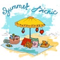 Hand drawn picnic on the beach with big umbrella Royalty Free Stock Photo