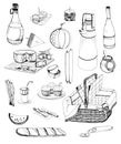 Hand drawn picnic items set. Collection with various food, drinks, basket. Contour illustration. Royalty Free Stock Photo