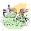 Hand drawn picnic place with big basket Royalty Free Stock Photo