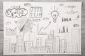 hand drawn picture with city view, diagrams and plan structure Royalty Free Stock Photo