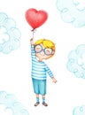 Hand drawn picture of kid flying with red balloon by the color pencils