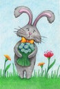 Hand drawn picture of little nice bunny with flowers