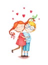 Hand drawn picture of two children hug each other by the color pencils on white background