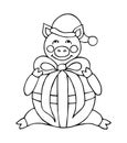 Hand drawn pig cartoon character in Santa`s hat and with bow. Christmas illustration. Royalty Free Stock Photo