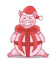 Hand drawn pig cartoon character in Santa`s hat and with bow. Christmas illustration. Royalty Free Stock Photo