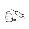 Hand drawn pill drugs and syringes illustration vector