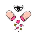 Hand drawn pill with a hearts. Vector illustration Royalty Free Stock Photo