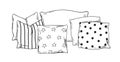 Hand drawn pillows. Doodle bedding. Feather cushions. Cozy sofa or bed textile accessories sketch. Interior comfortable