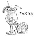 Hand drawn pina colada cocktail in glass with lime. Vector illustration