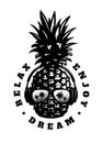 Hand drawn pineapple skull in sunglasses, t-shirt graphics. Vector illustration.