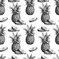 Hand drawn pineapple vekor seamless pattern, sketch of a pineapple whole and pieces, black and white Royalty Free Stock Photo