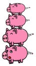 Hand drawn pink, clean, shiny and happy fat piggybank family in cartoon style as tower, colored illustration for kids
